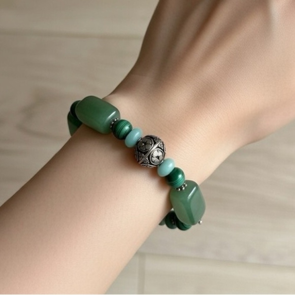 Handmade Green Aventurine, Malachite, and Turquoise Stretch Bracelet, Size 6